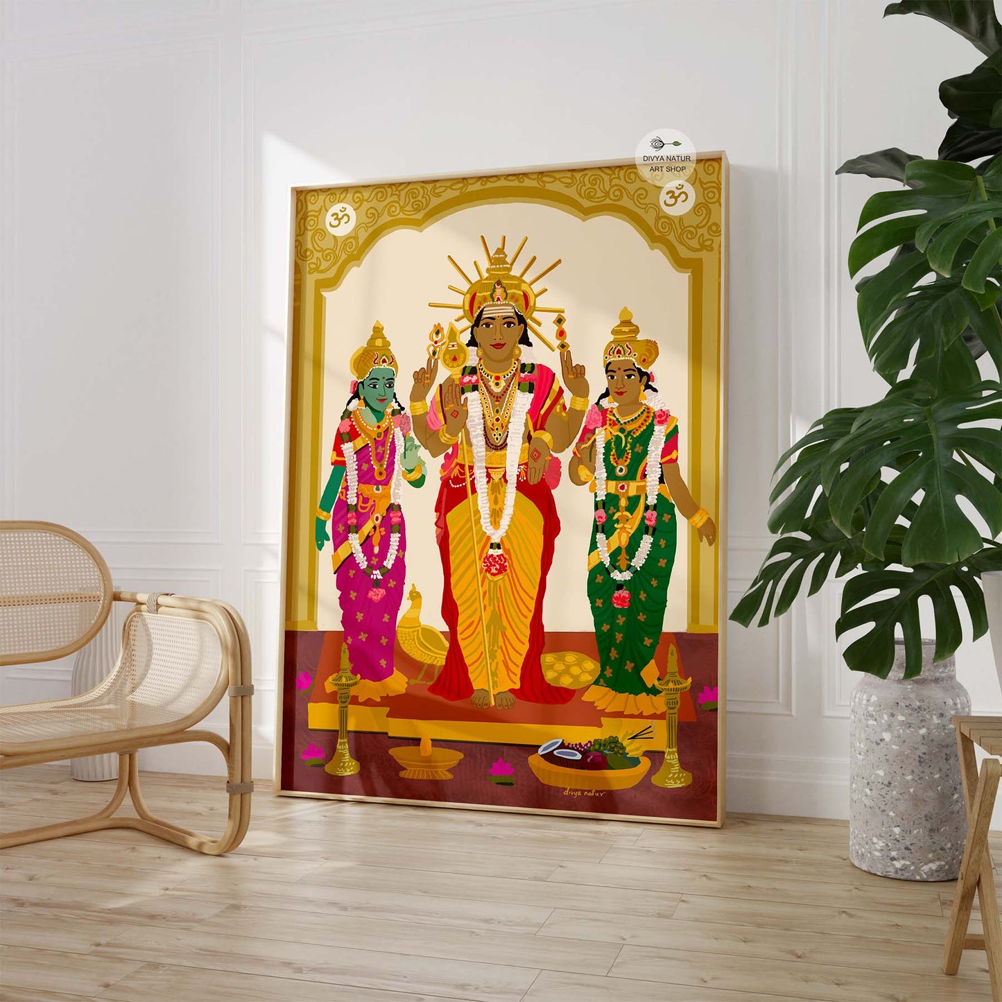Traditional Tamil arch style Murugan artwork with Valli and Deivayanai