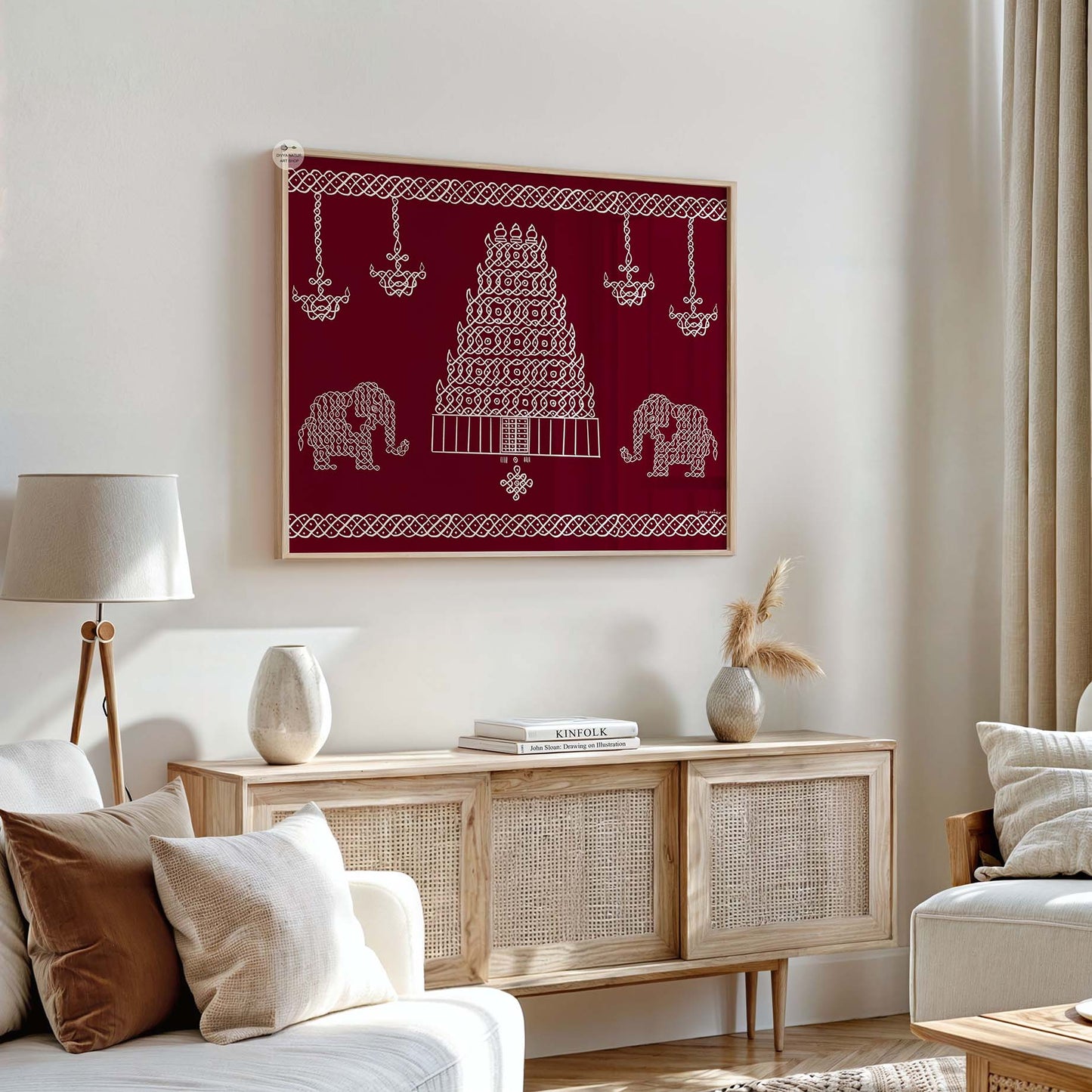 Maroon wall art of South Indian kolam temple with elephants and borders