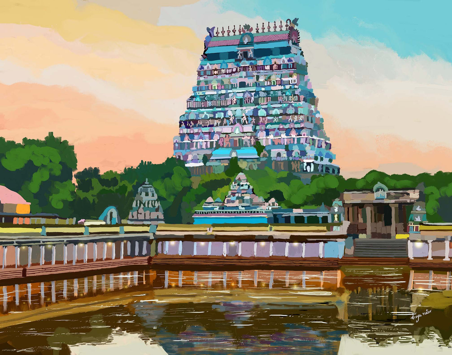 Hand-painted temple scene with golden reflections and twilight pastel hues