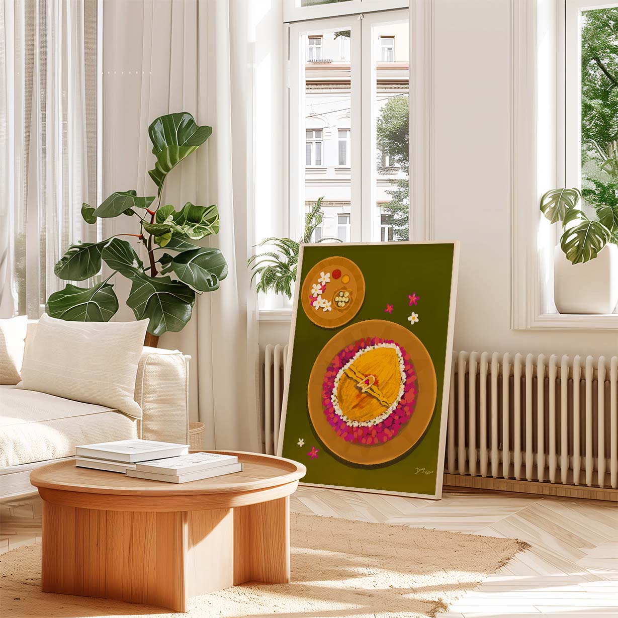 Indian art print of a thali with a floral garland, celebrating wedding traditions.