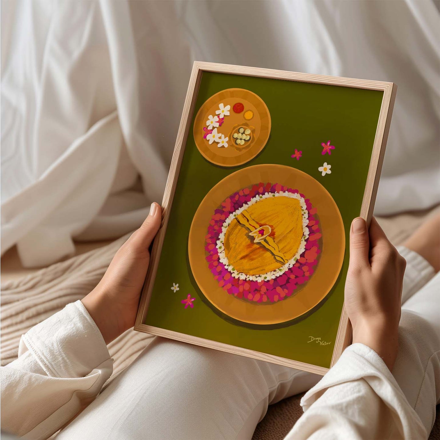 Unique Indian food art painting with a focus on thali settings, perfect for newlyweds.