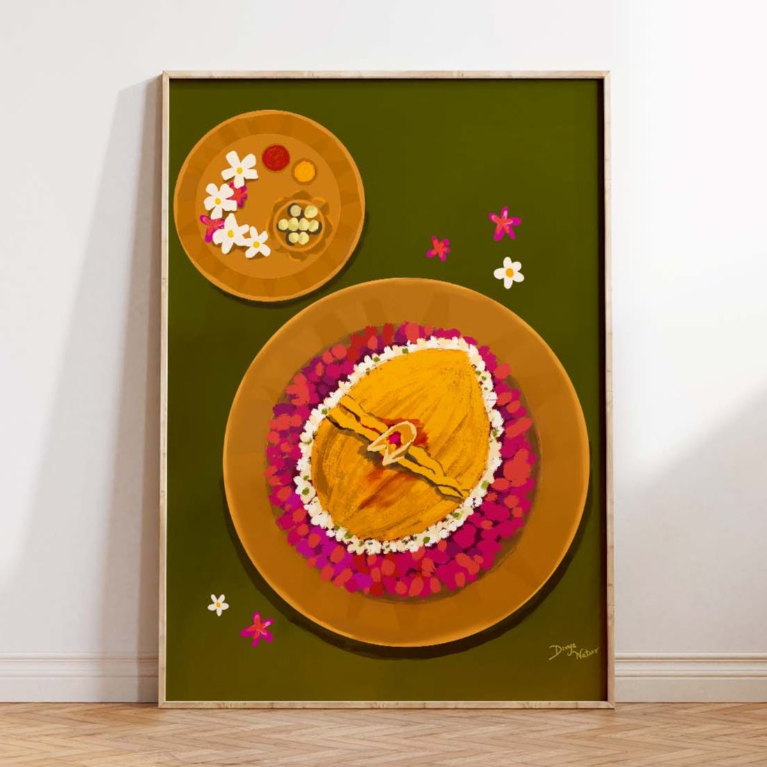 A vibrant painting of a traditional Indian thali, perfect for Indian weddings.