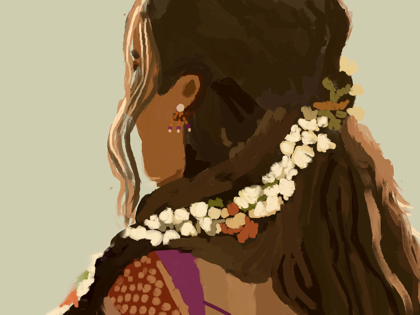 Illustration of a Indian woman with a floral Jasmine on her hair