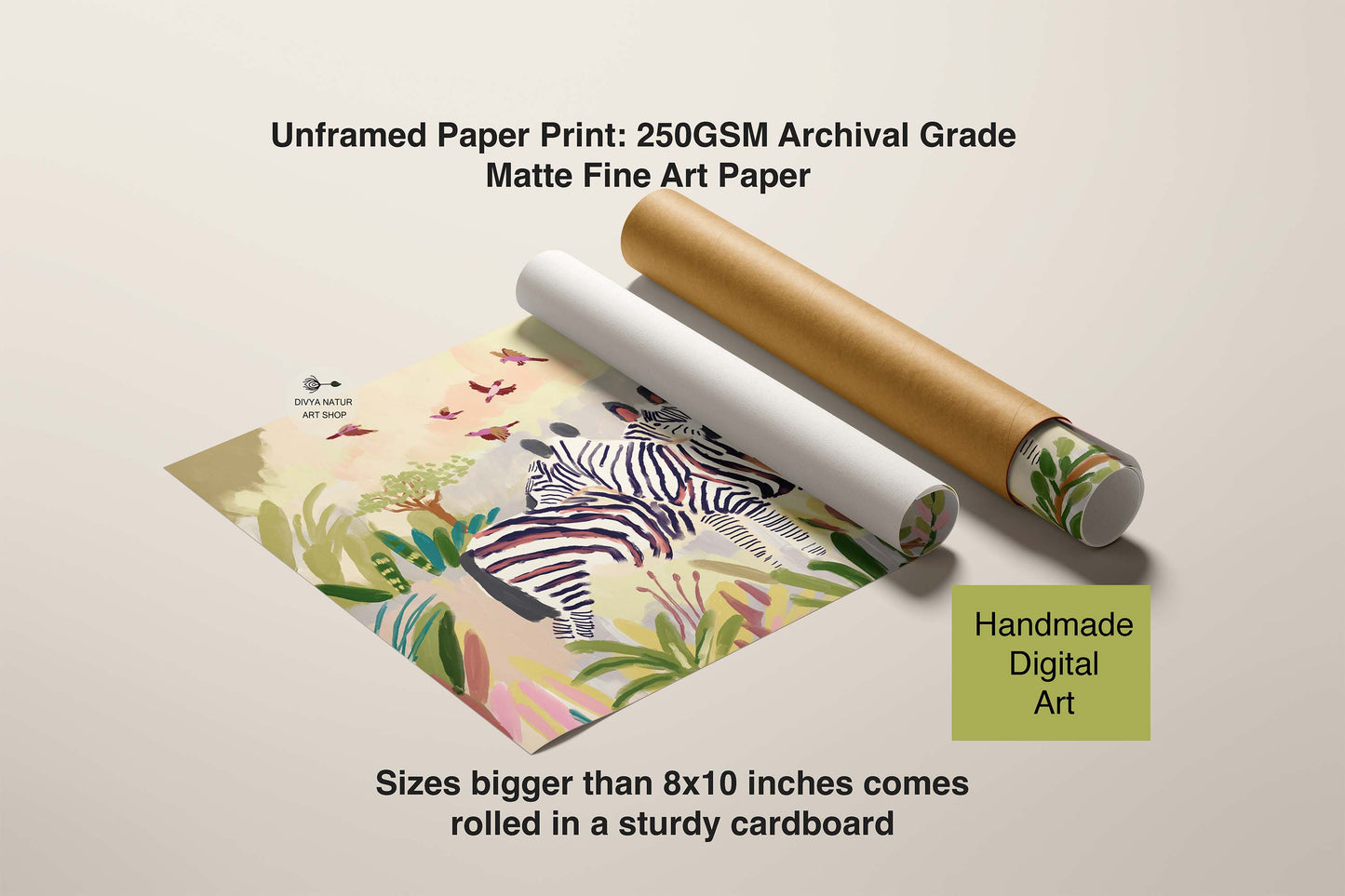 Unframed paper print with a zebra design, rolled paper, and cardboard on a beige background.