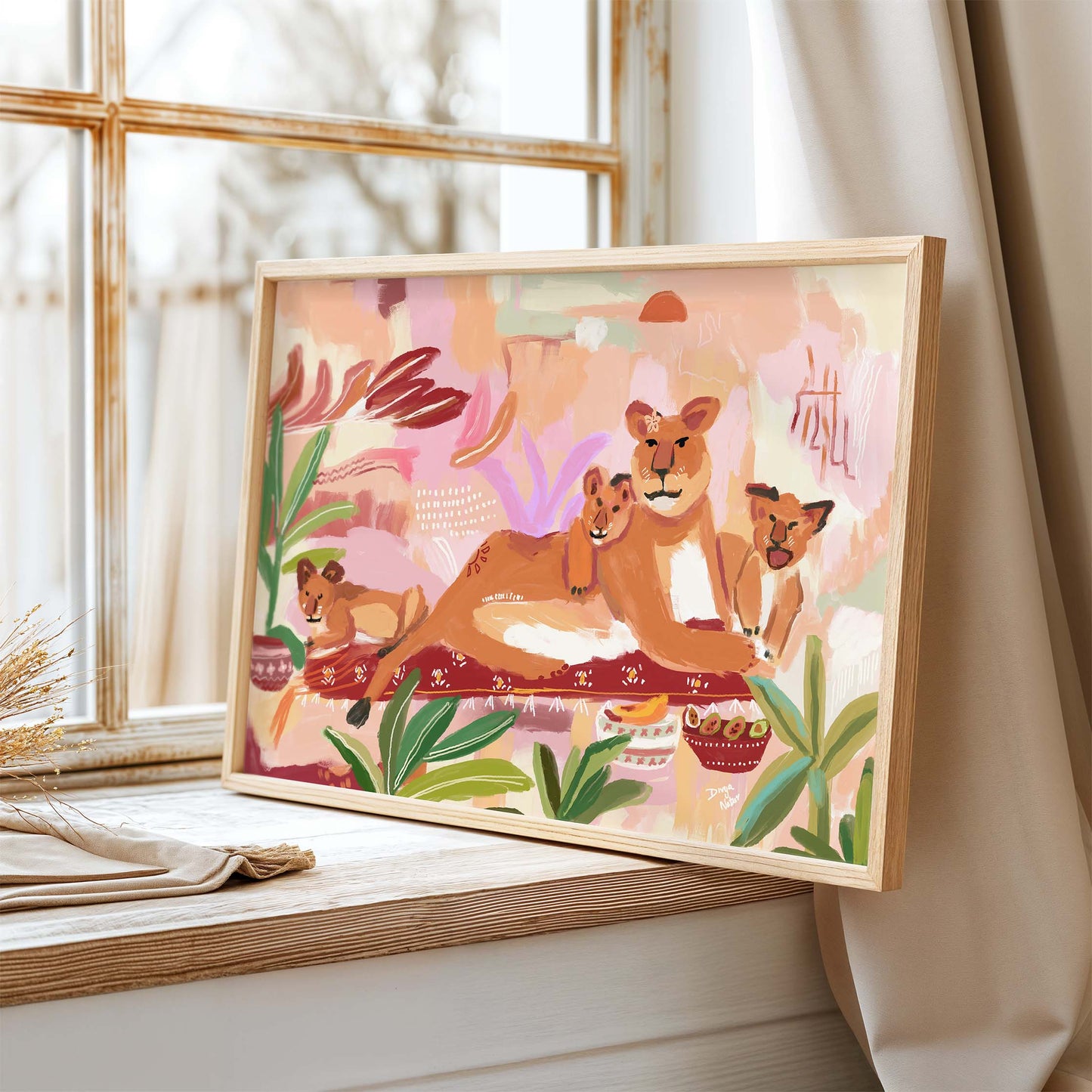 Lioness resting with three cubs in colorful jungle, fine art wildlife print for nurseries or family décor