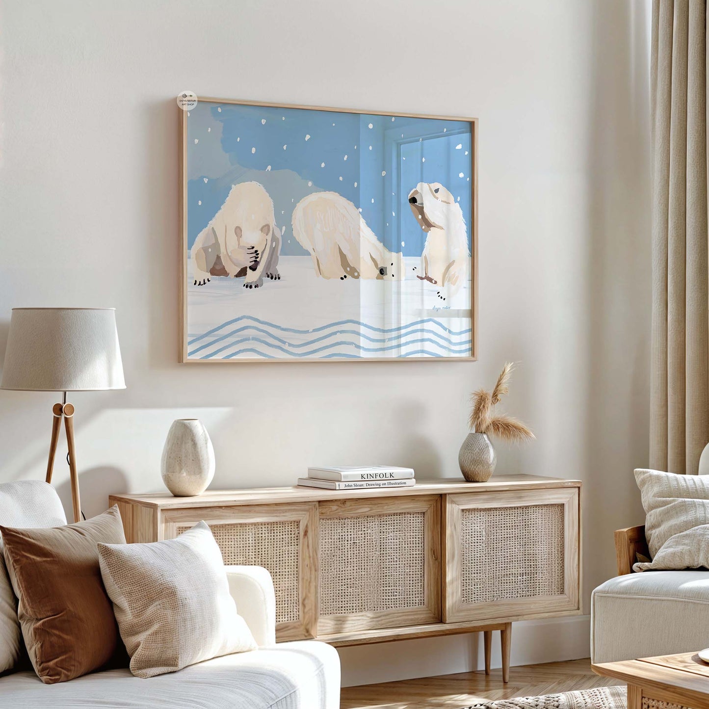 Playful polar bear artwork featuring three bears in snowy Arctic scene for cozy interiors