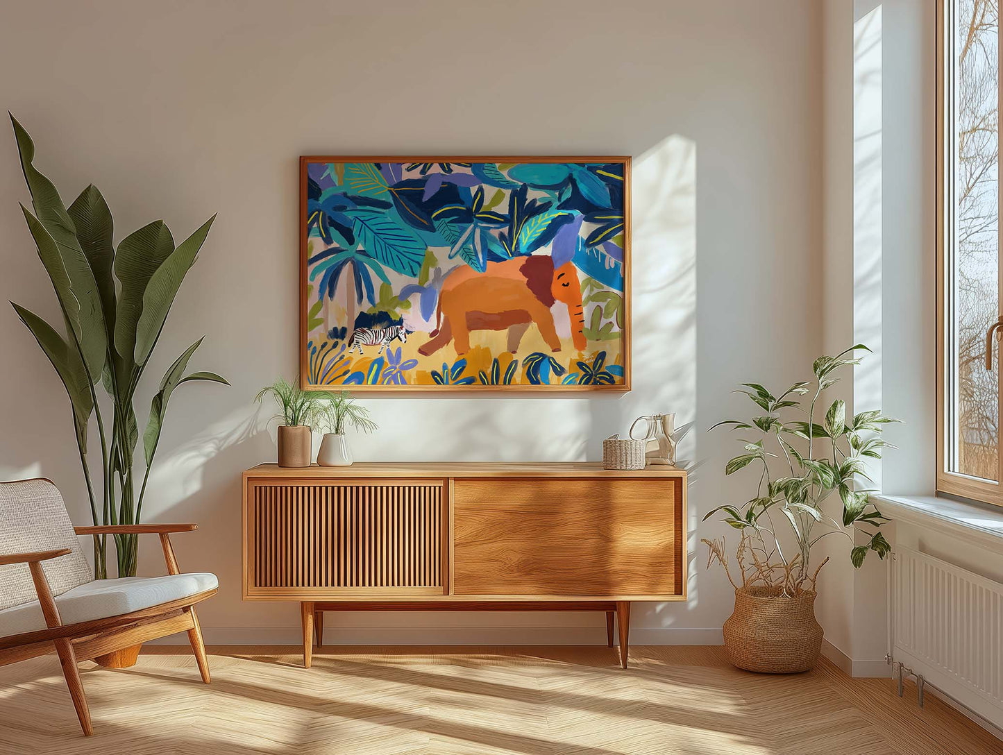 Jungle elephant and zebra illustration with tropical leaves in bold blues and greens