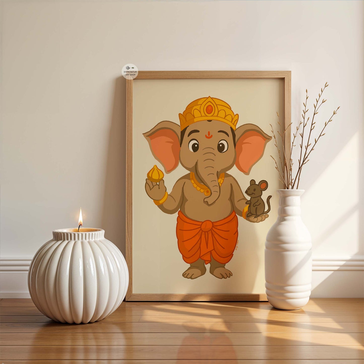 Baby Ganesha holding sweet modak with mouse companion art print