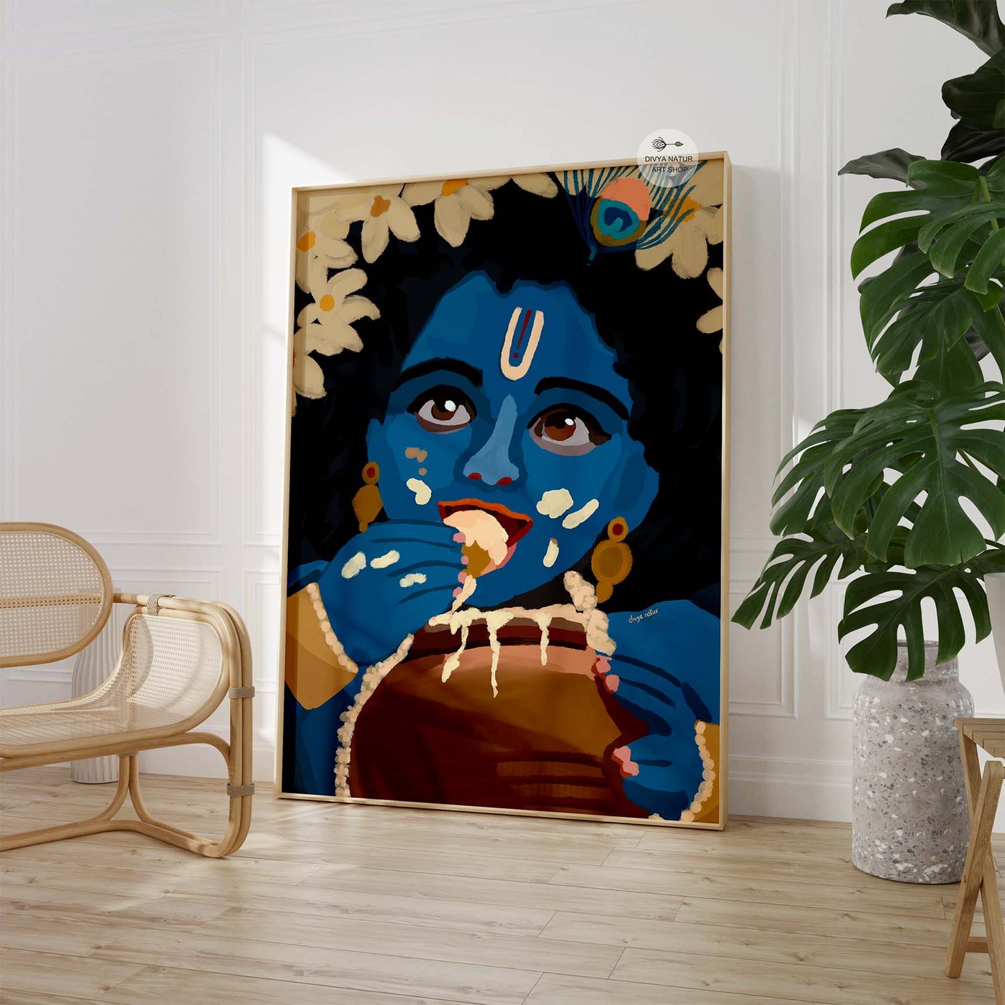 Bal Krishna wall art showing divine mischief of butter-stealing childhood