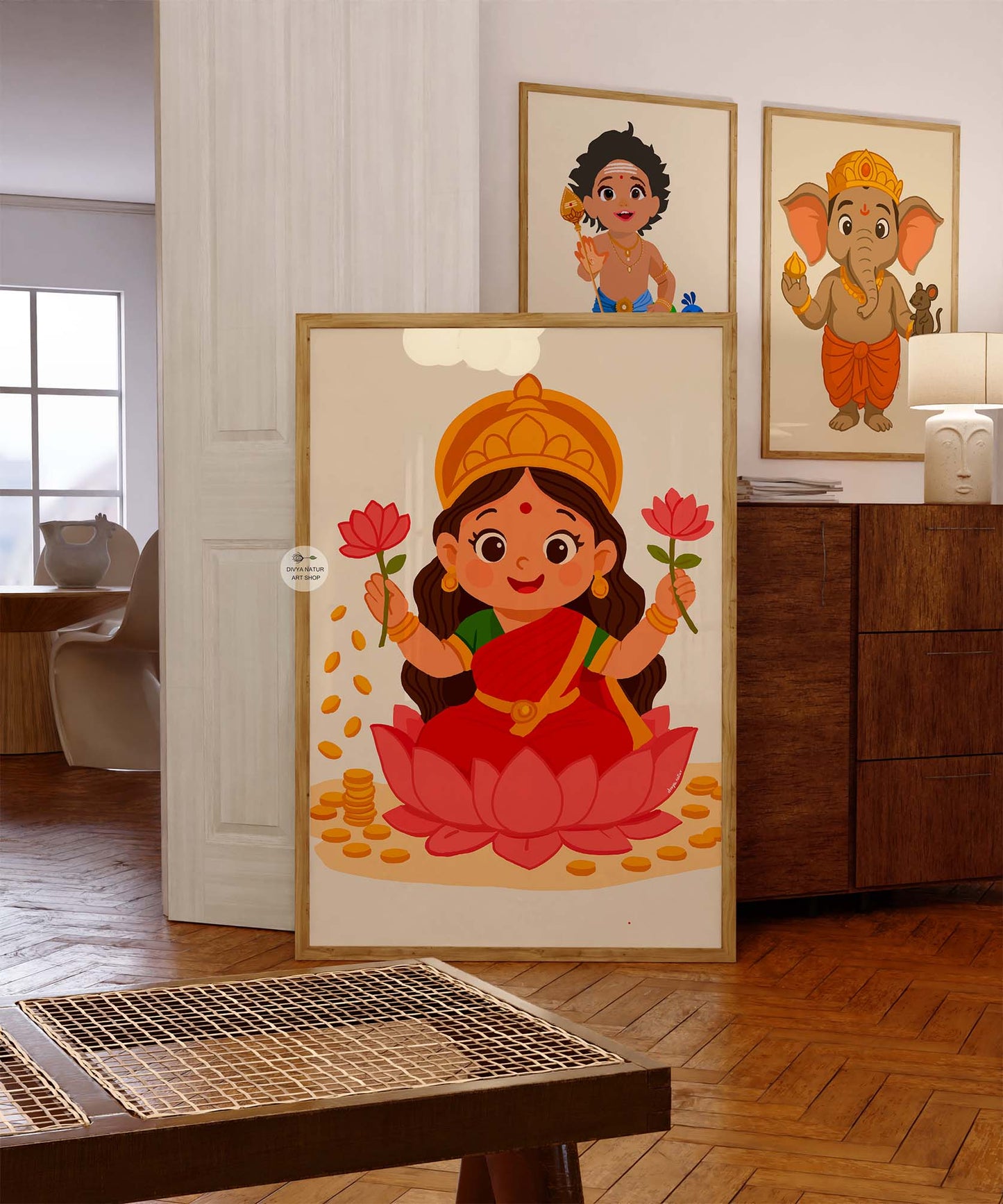 Cartoon-style Baby Lakshmi wall print with lotus flowers and prosperity theme