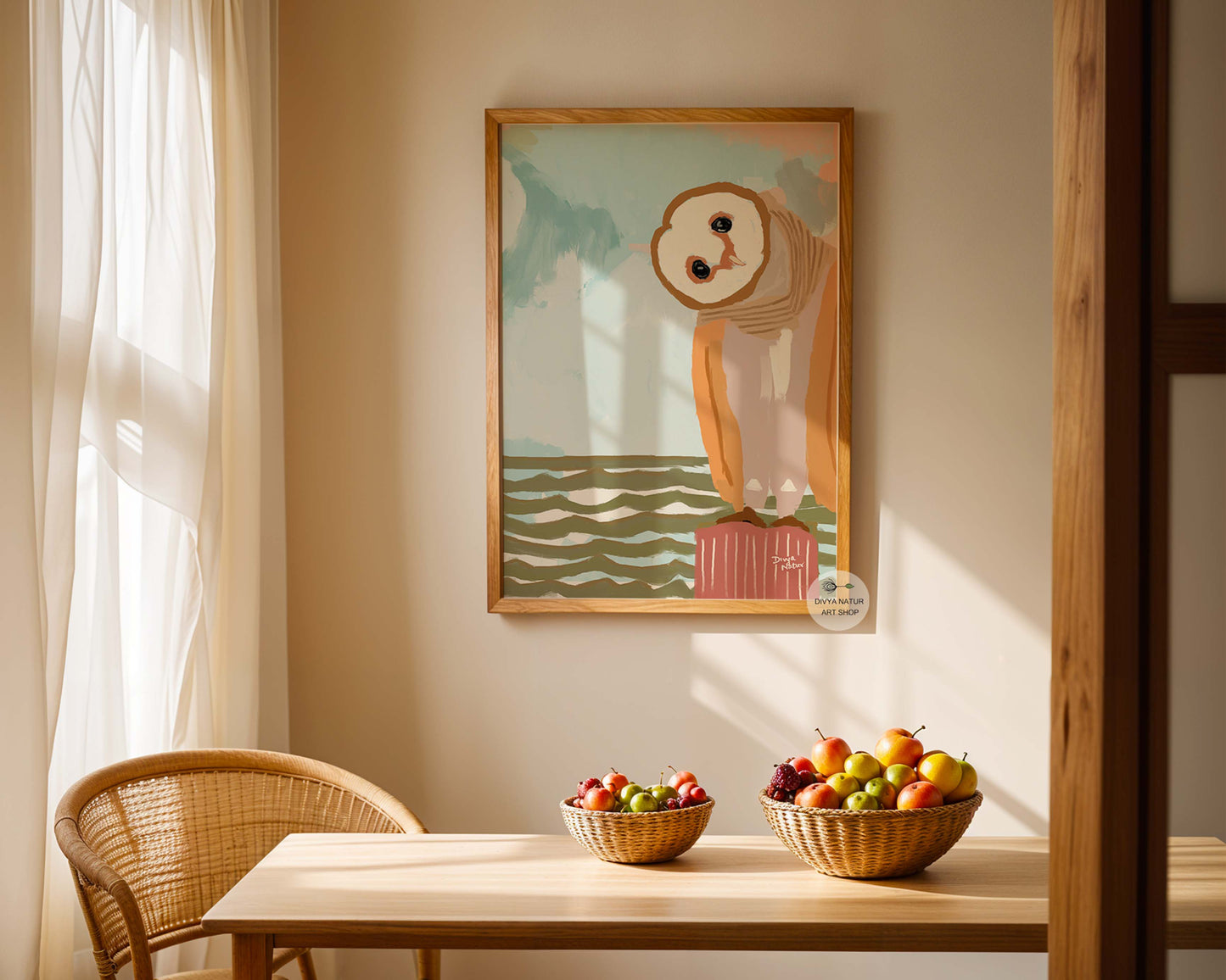 Playful owl artwork with ocean waves in background, archival giclée print for coastal home décor