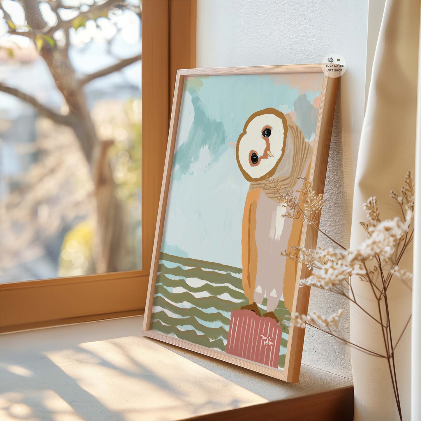 Modern barn owl wall art with seaside setting, whimsical bird painting in warm and cool tones