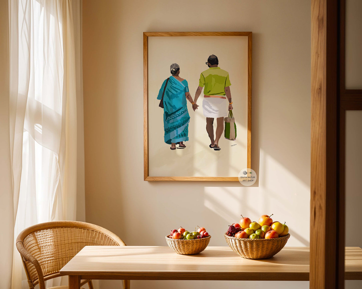 Romantic senior couple in hand-painted art, showcasing Indian saree and dhoti attire.