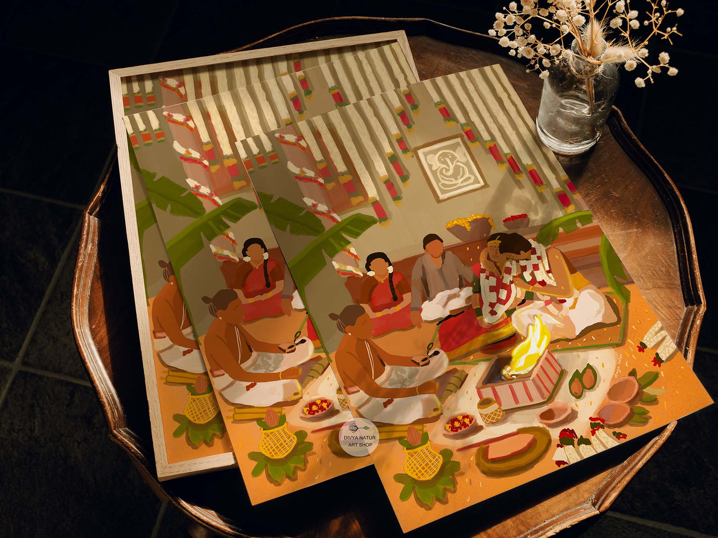 Cultural illustration of Hindu marriage ceremony with flowers and priest