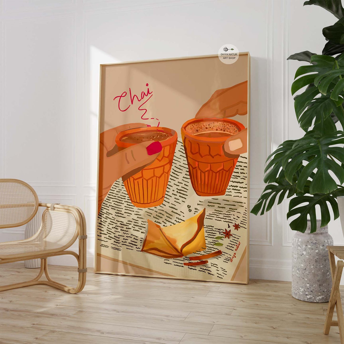 Indian street tea culture art print with newspaper and samosa details