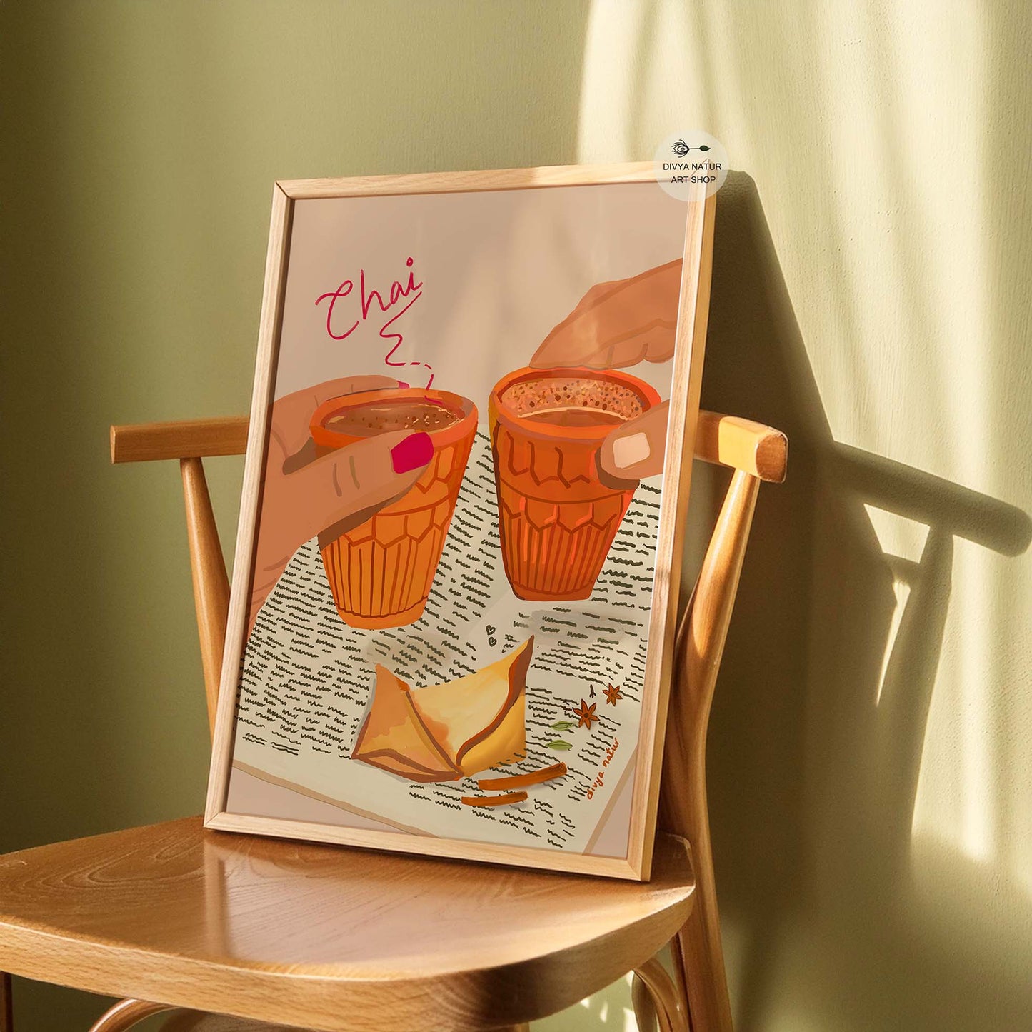Hand-illustrated kulhad chai and samosa painting for kitchen wall décor