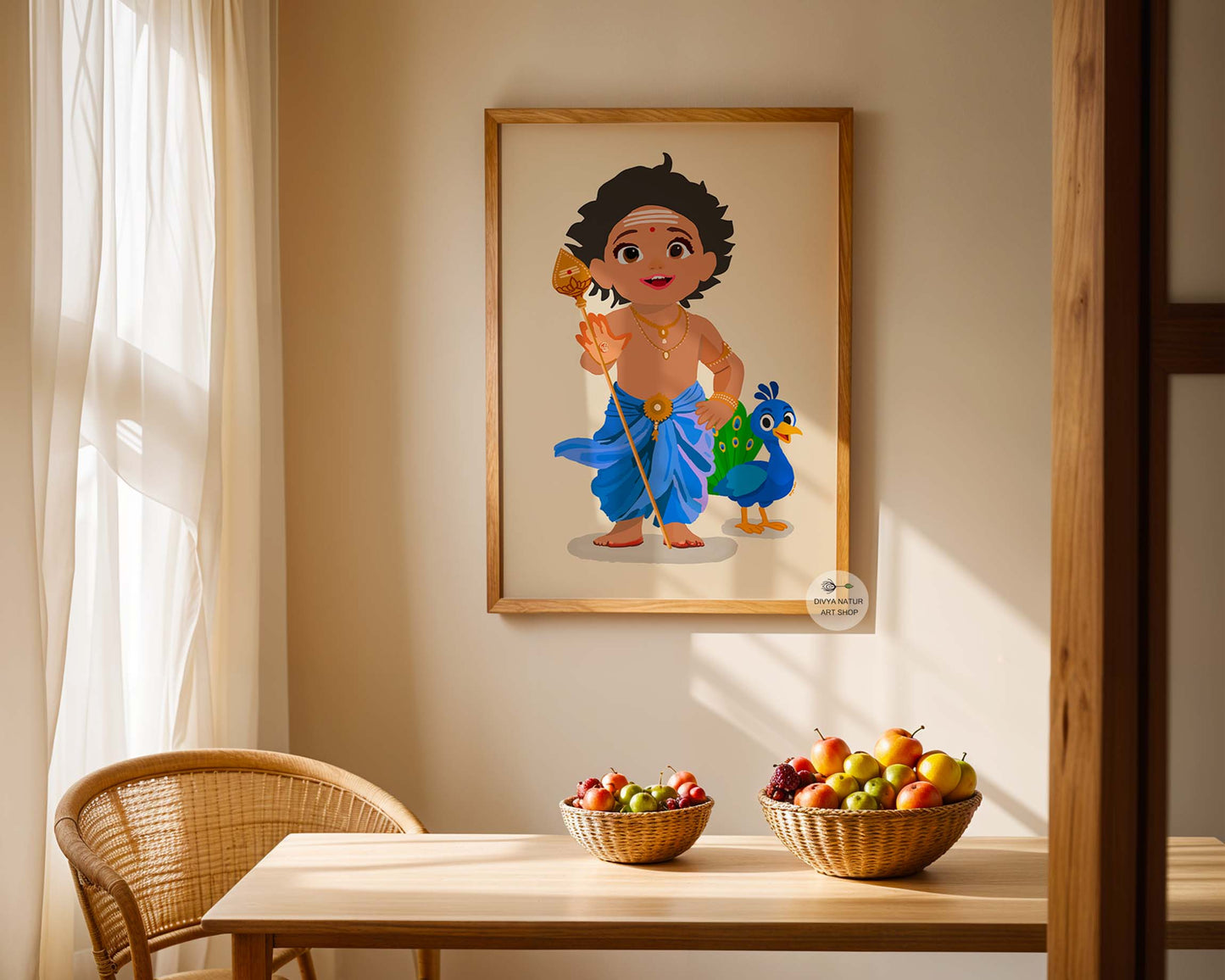 Baby Murugan artwork featuring peacock, ornaments, and childlike charm for nursery spaces