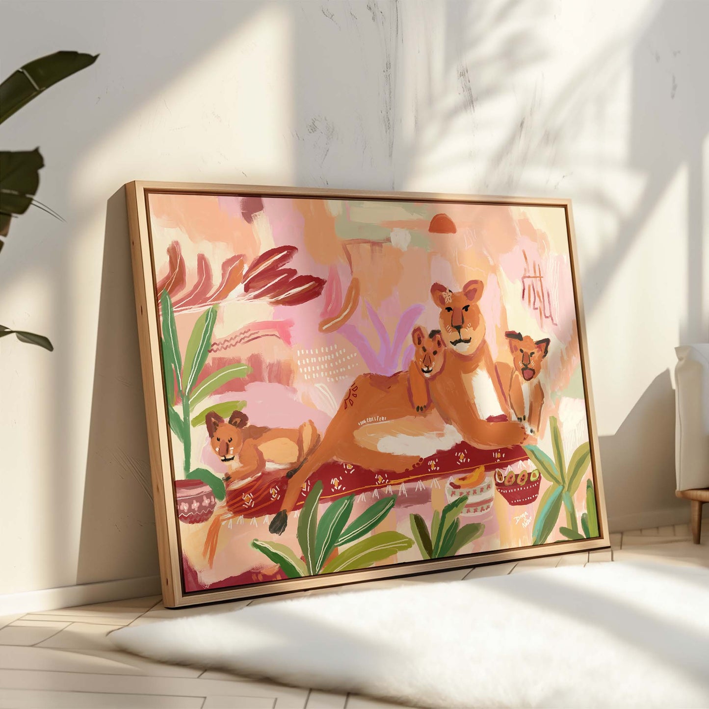 Heartwarming lioness and cubs illustration with bold brushstrokes and warm jungle-inspired palette