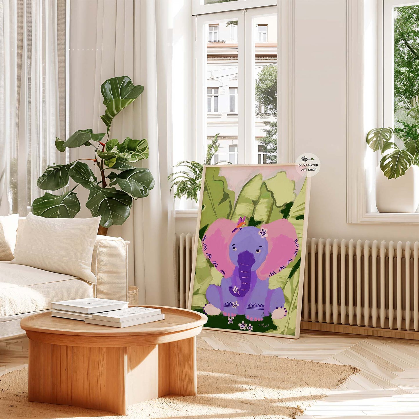 Adorable safari animal nursery print of purple elephant with playful bird and flowers