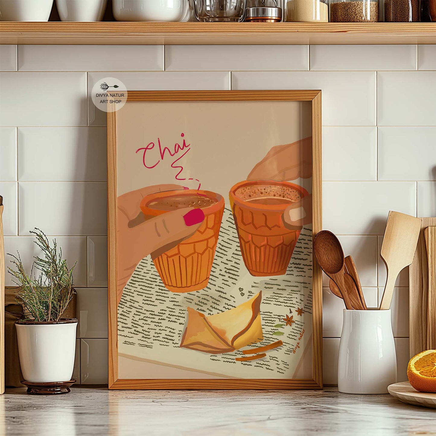 Cozy chai lover artwork with steaming tea in traditional Indian clay cups