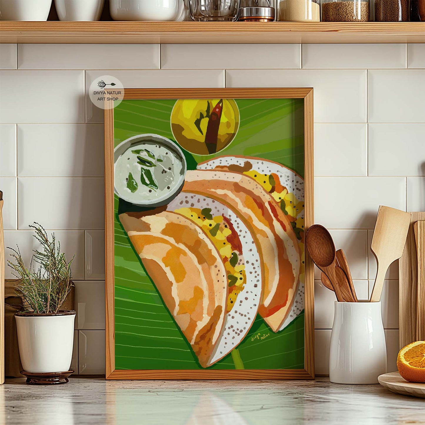 Crispy masala dosa painting with traditional chutney and sambar served on green leaf.