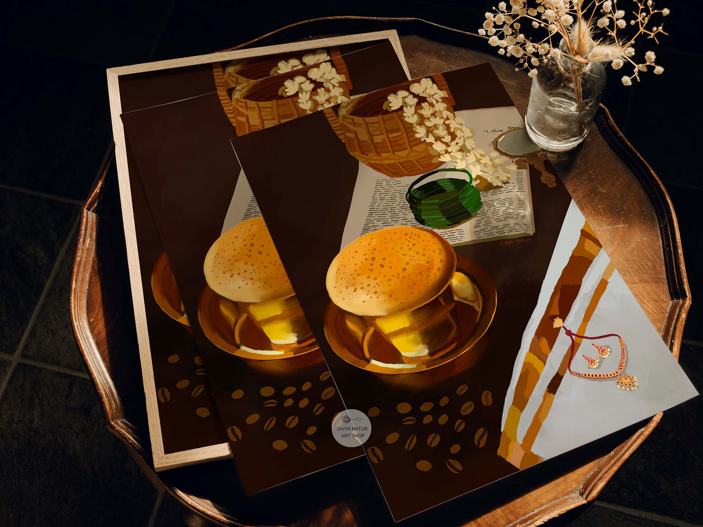 Jasmine flowers and coffee beans artwork with Indian kitchen decor elements.