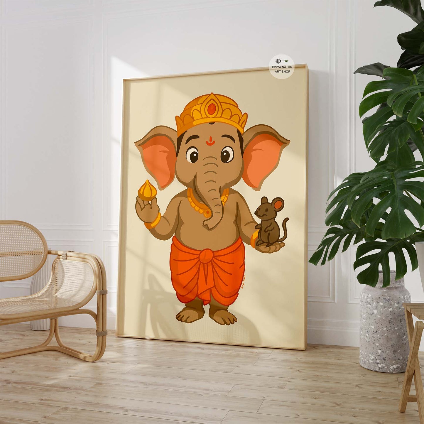 Bright orange Baby Ganesha wall decor print for children’s rooms