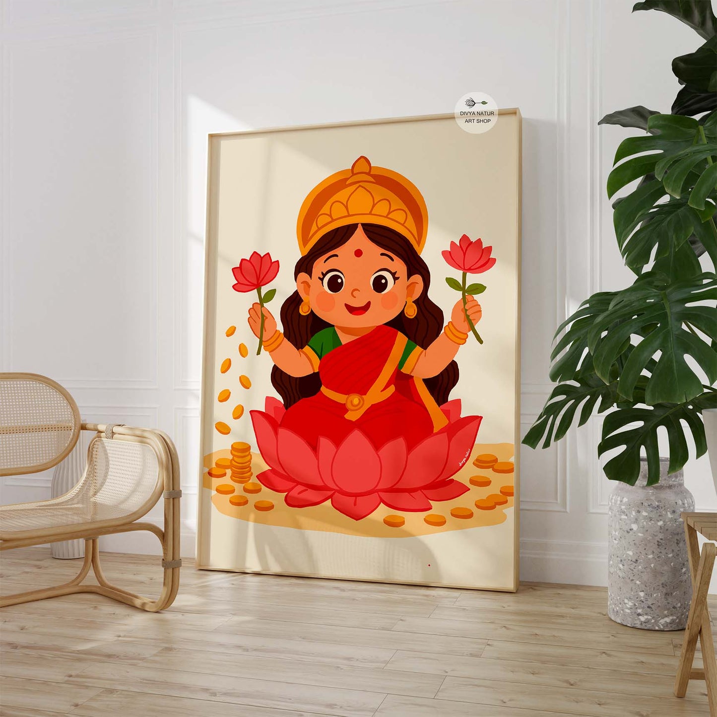 Adorable Goddess Lakshmi art print for kids’ rooms or meditation corners