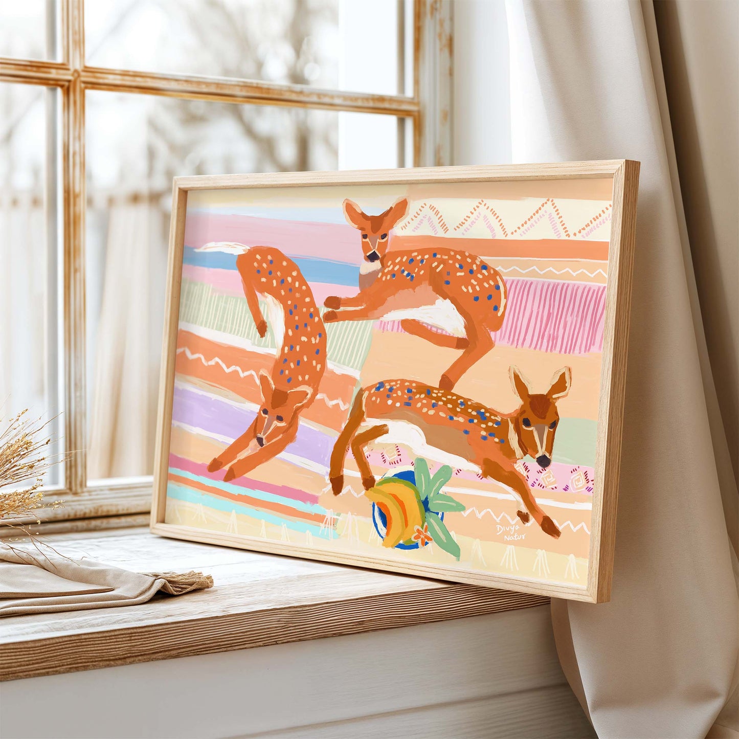 Bold wildlife art print featuring three deer in motion, painted with vibrant brushstrokes and colors