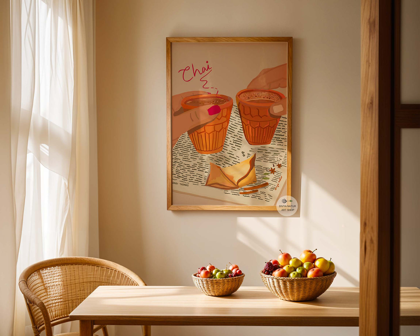 Chai time artwork with clay kulhads, samosa, and handwritten “Chai” text
