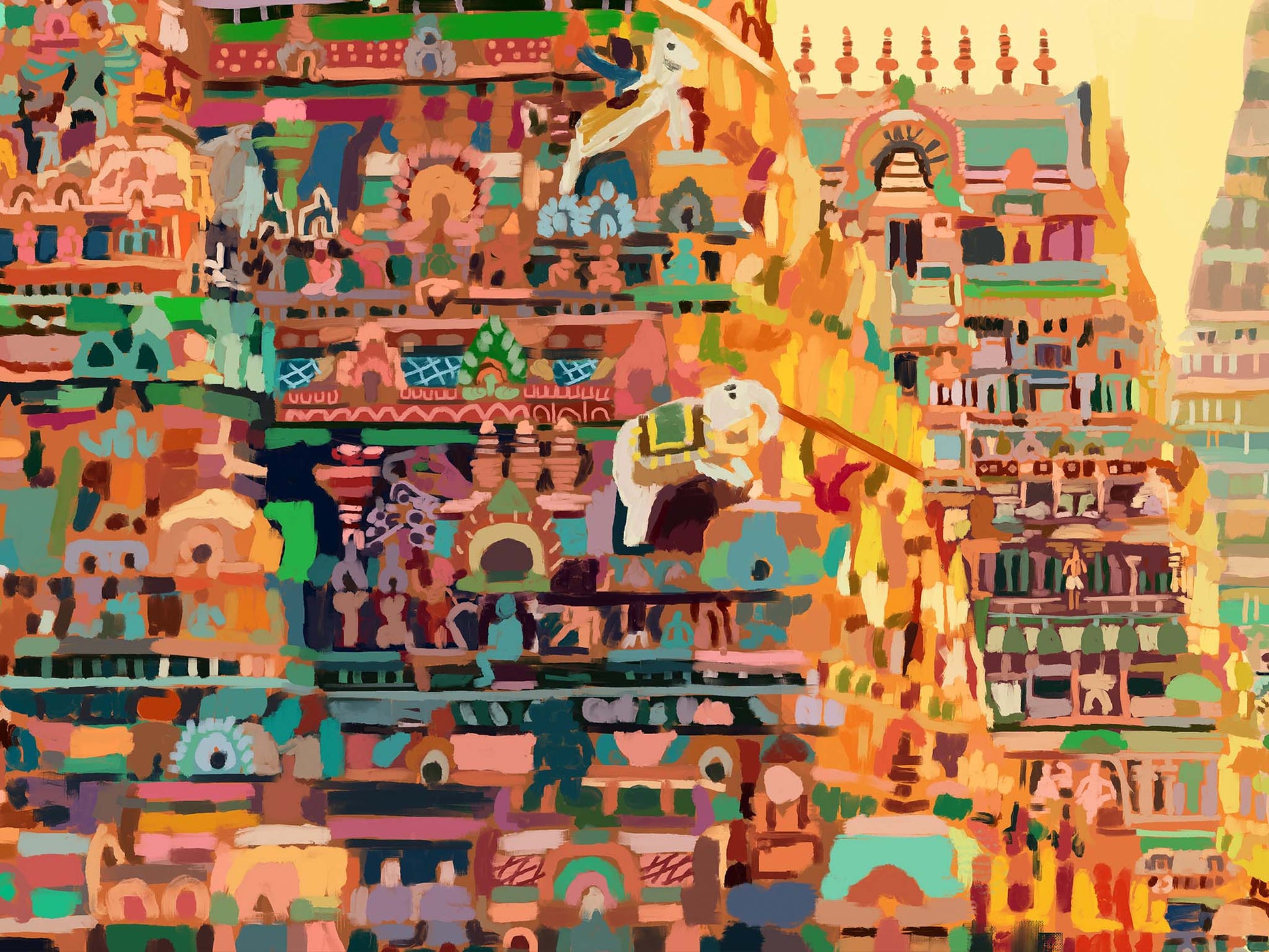 Sacred Srirangam Temple painting in South India with ornate tower and vivid details