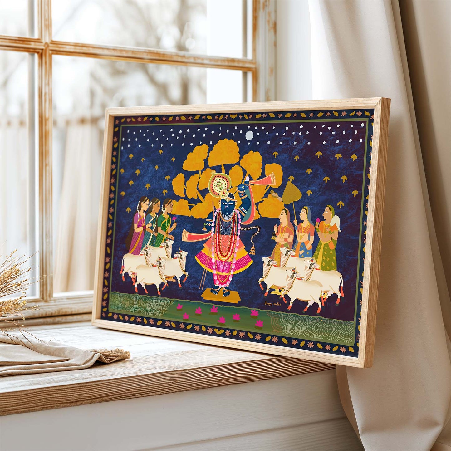Lord Krishna surrounded by gopis and cows in traditional Pichwai painting style