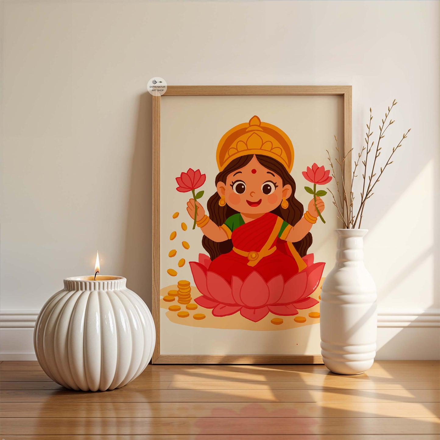 Baby Lakshmi seated on lotus with coins artwork symbolizing wealth and joy