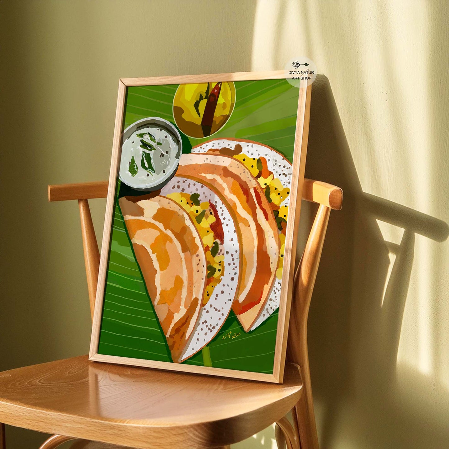 Indian food wall art featuring dosa with colorful chutney and sambar illustration.