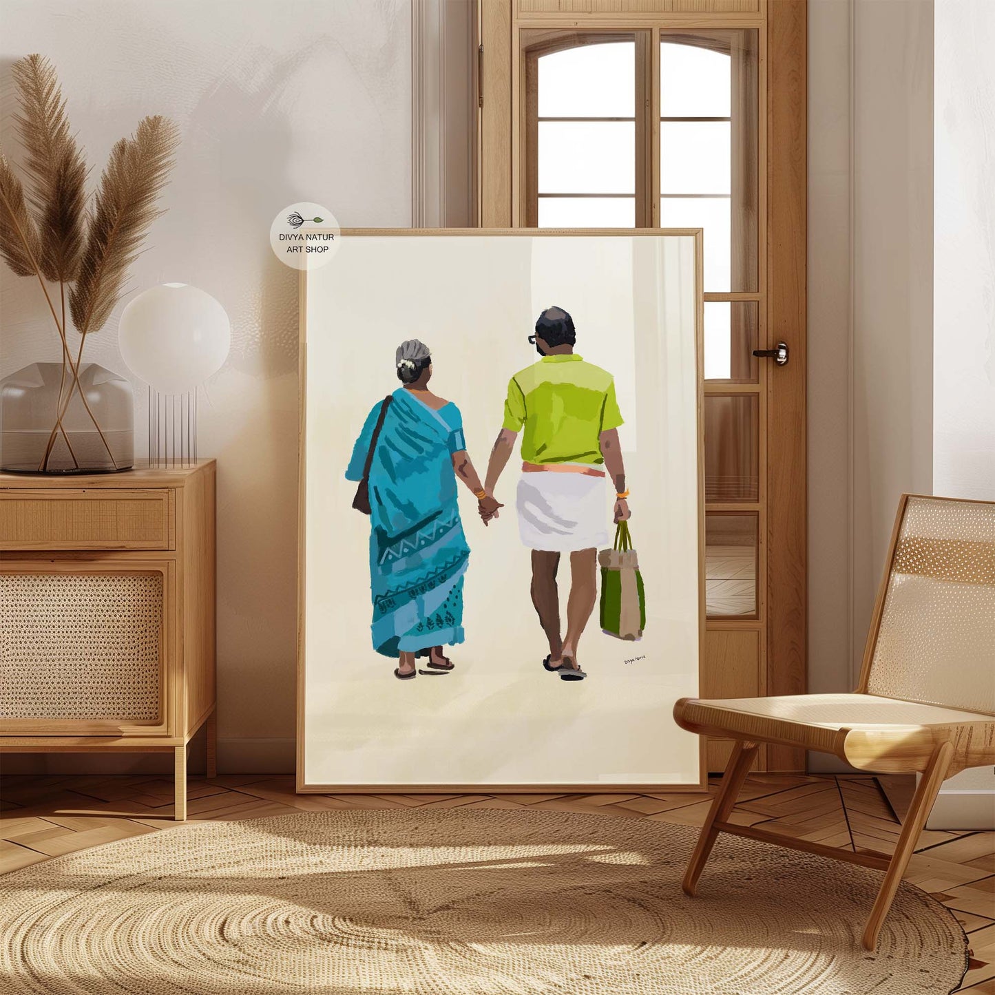Elderly couple holding hands in minimalist painting with traditional Indian clothing.