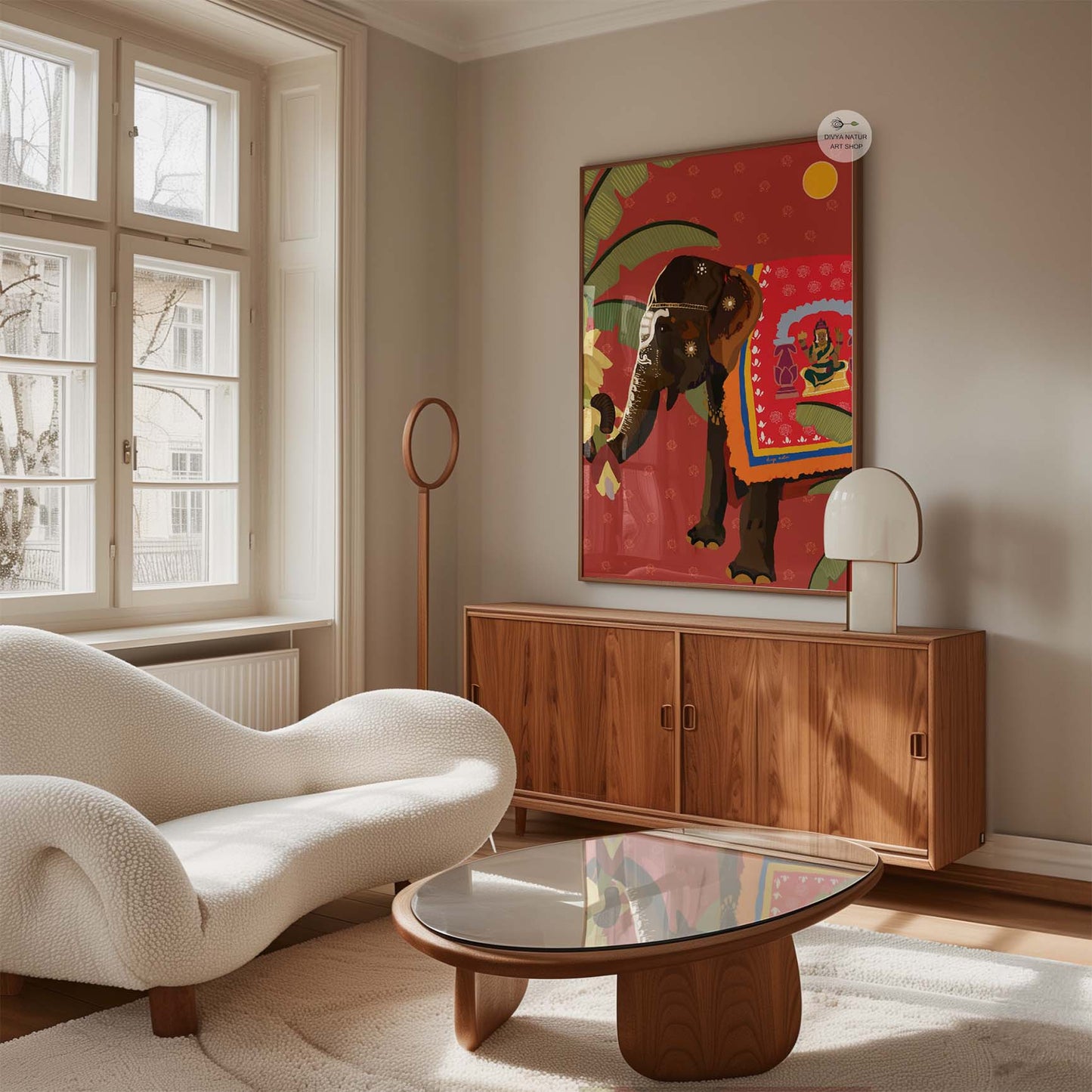 Vibrant fine art poster of Indian elephant with rich red background and cultural symbolism.