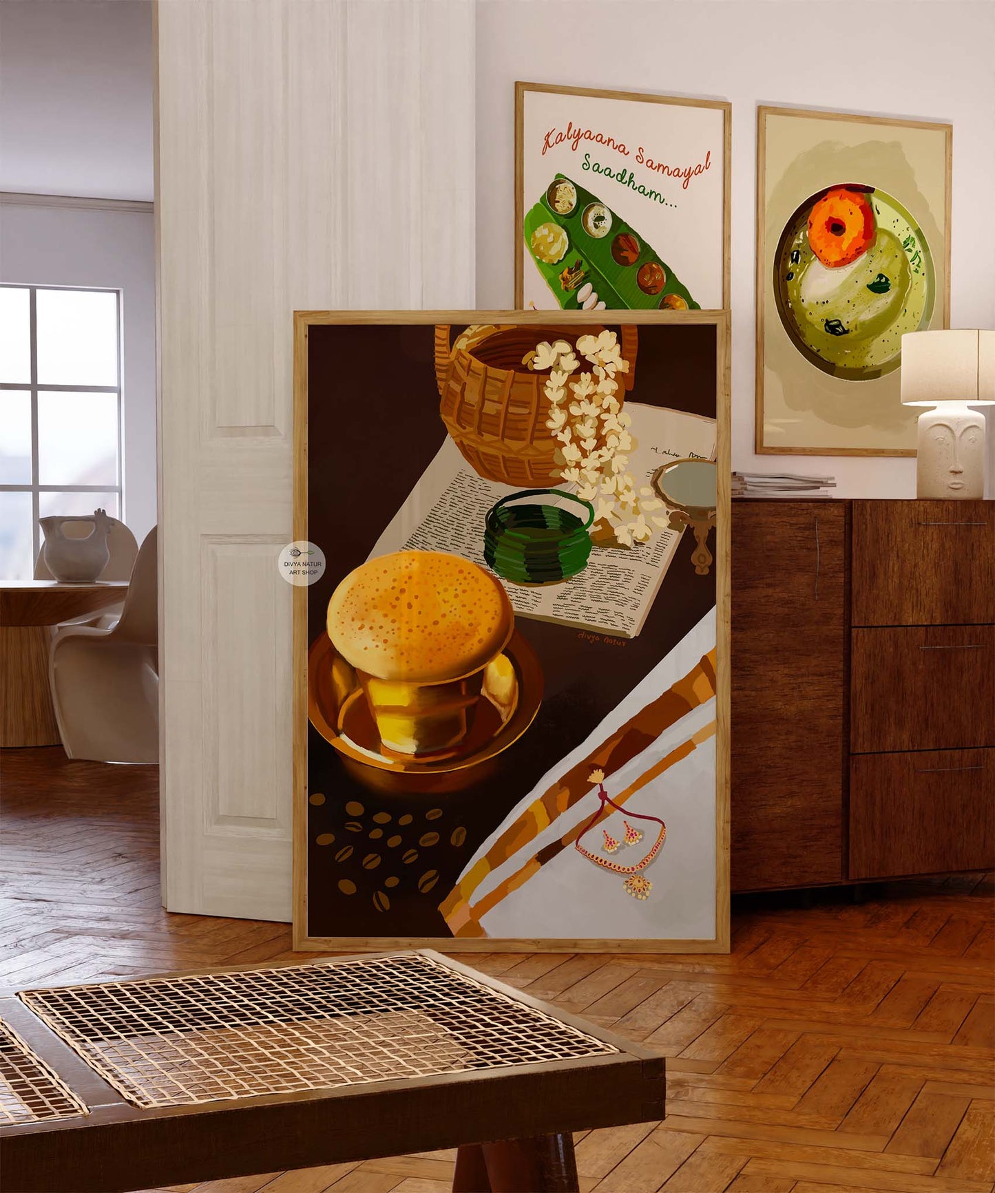 Vintage charm digital painting with Indian brass cup and coffee beans.