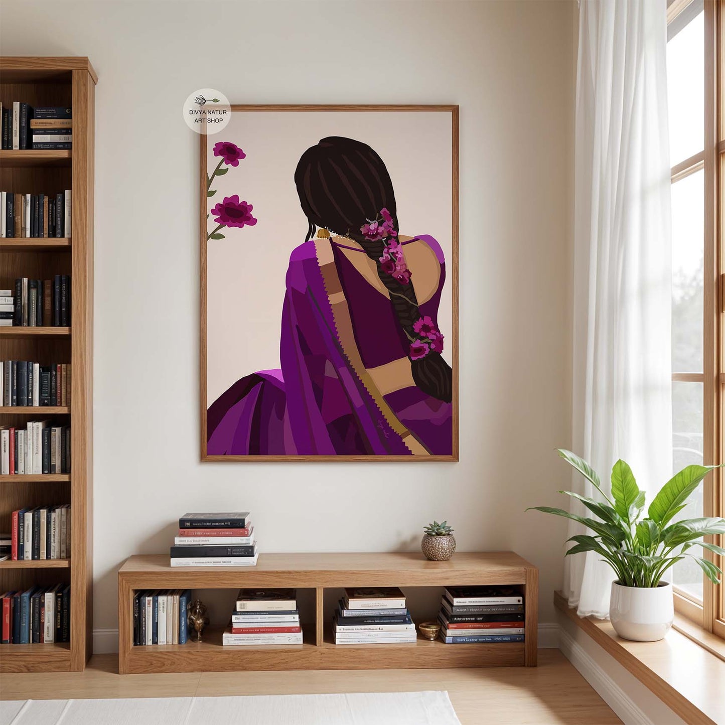 Modern cultural artwork of Indian woman wearing traditional saree