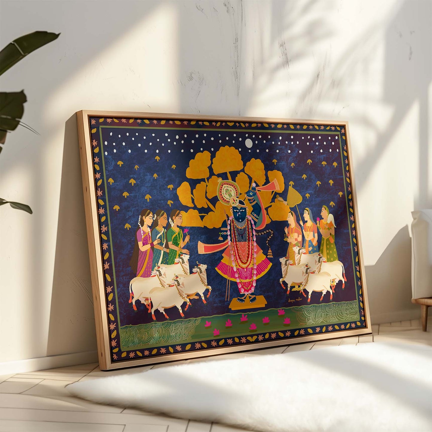 Premium Krishna wall art with moonlit lotus scene and sacred symbolism