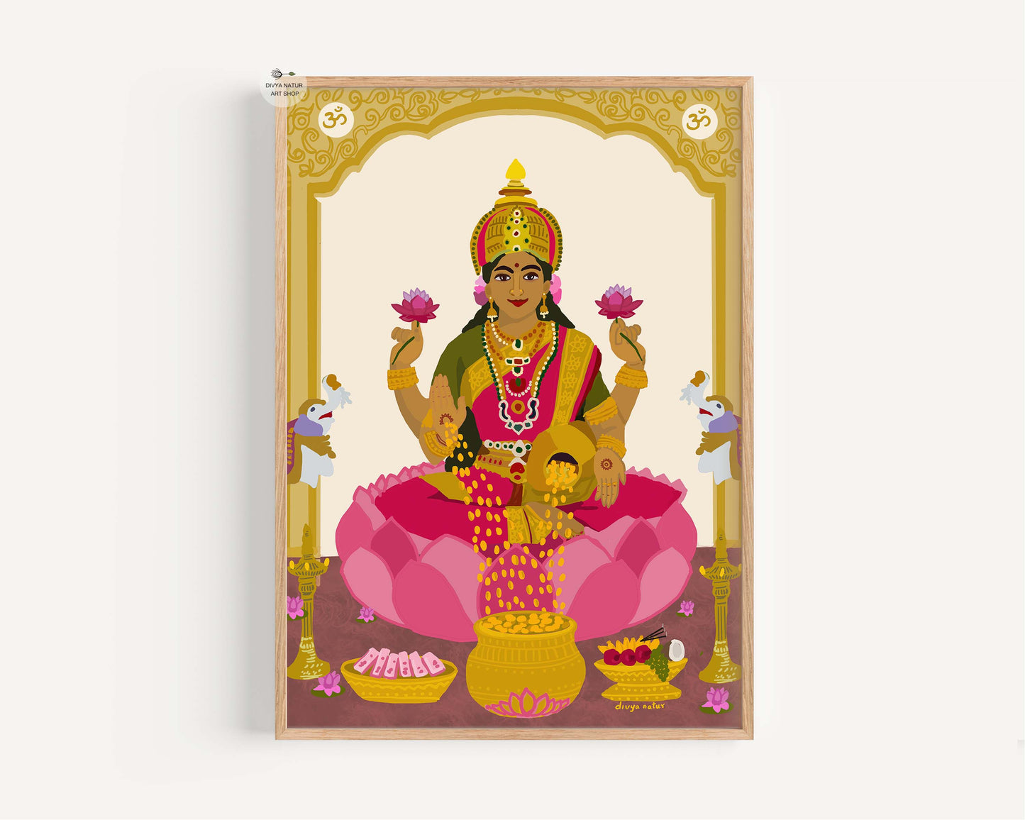 Sacred Lakshmi wall decor with coins, diyas, and temple pillar illustration