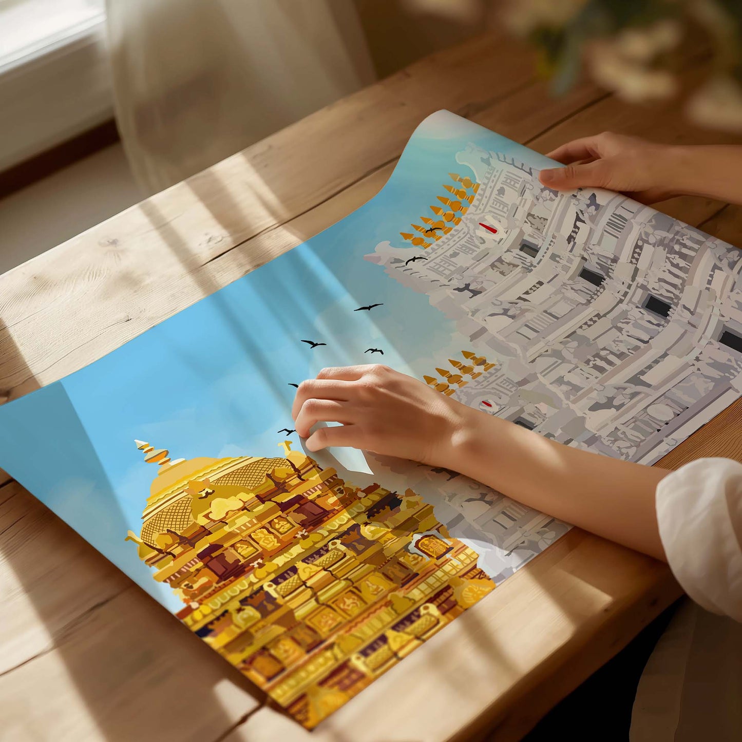 Tirupati Balaji temple wall art featuring serene golden dome and South Indian temple carvings
