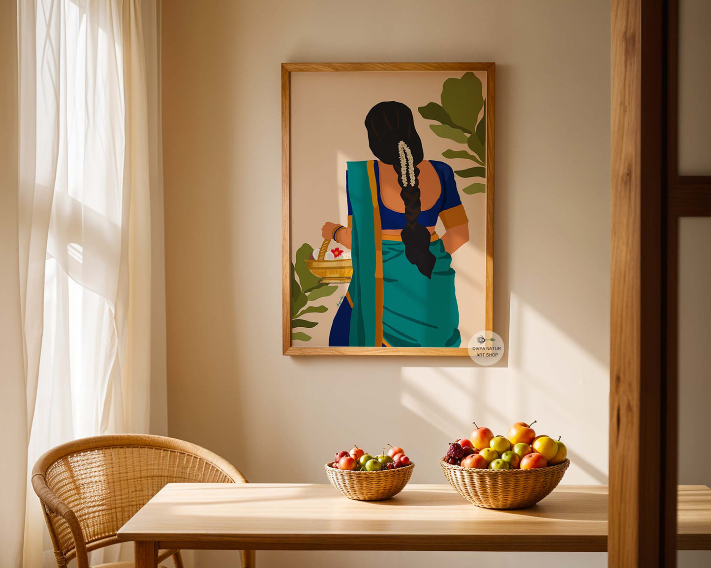 Minimalist fine art showing South Indian lady carrying flower basket with devotion.