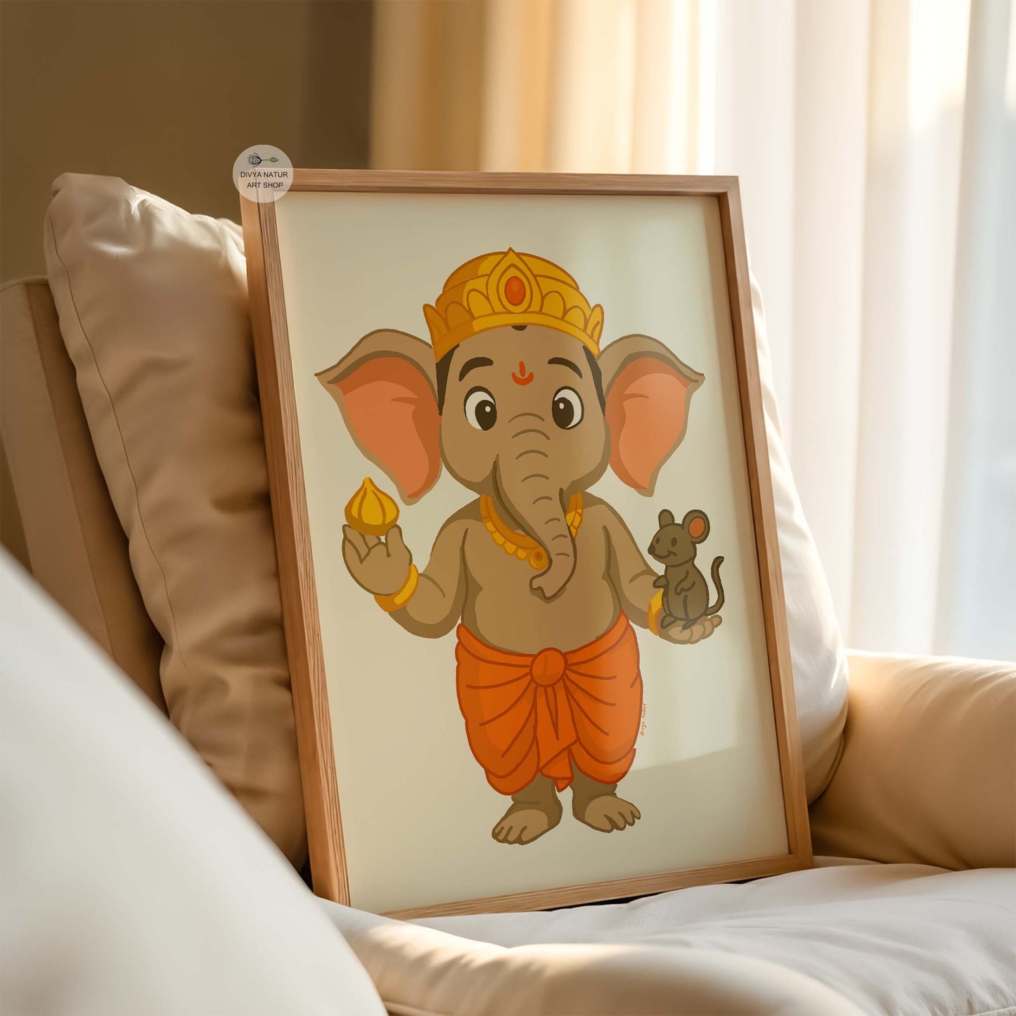 Spiritual Baby Ganesha artwork with sweets and mouse for nursery