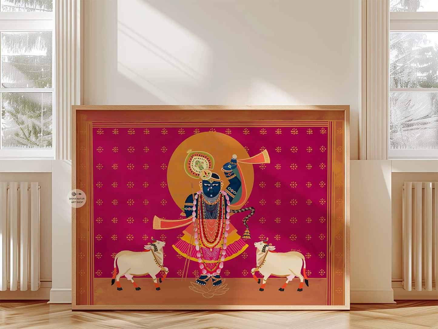 Vibrant Pichwai-inspired Krishna artwork for puja room or spiritual wall decor