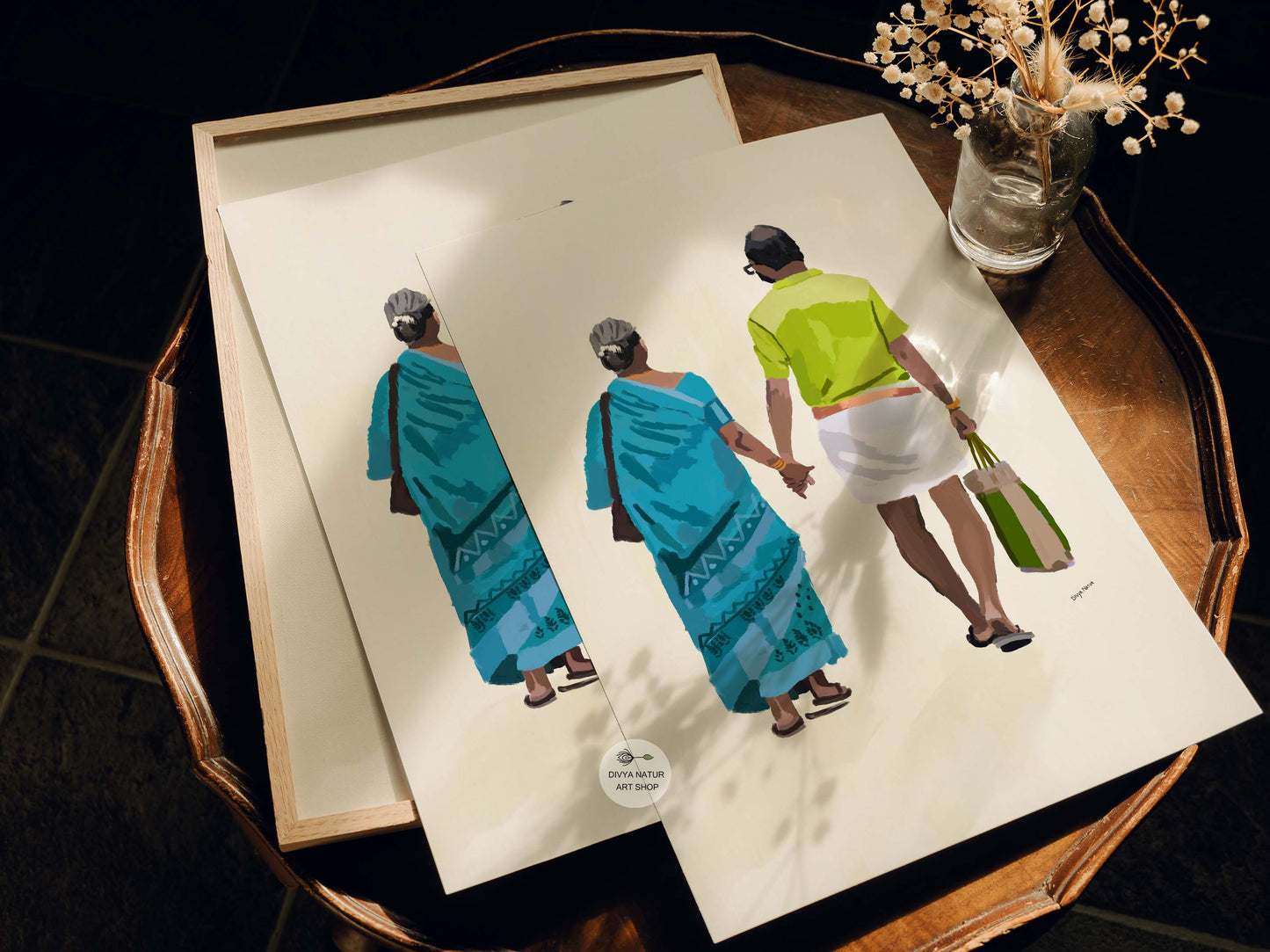 Minimalistic painting of a loving elderly couple in traditional Indian wear