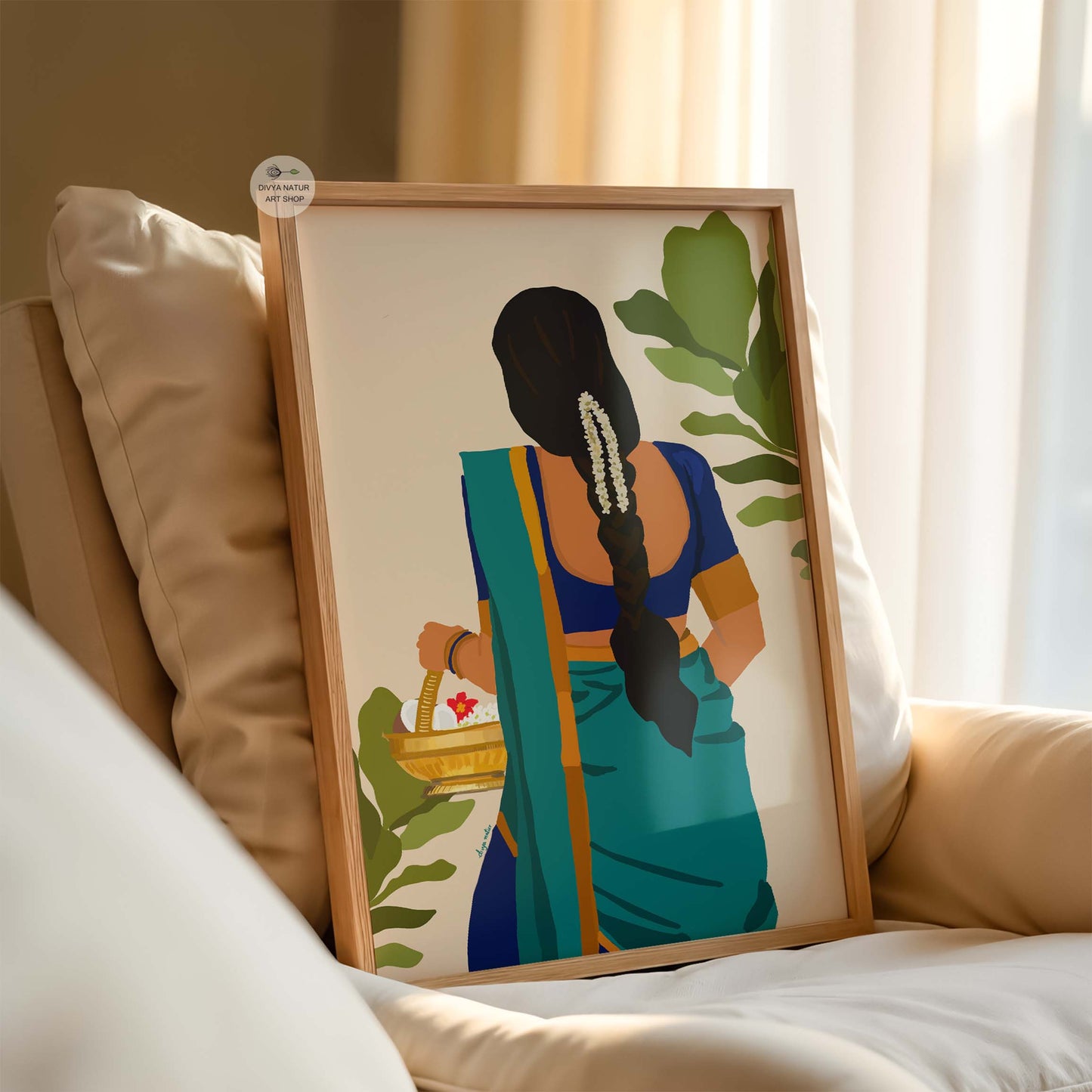 Traditional Indian print of woman holding flowers, symbolizing grace and heritage.