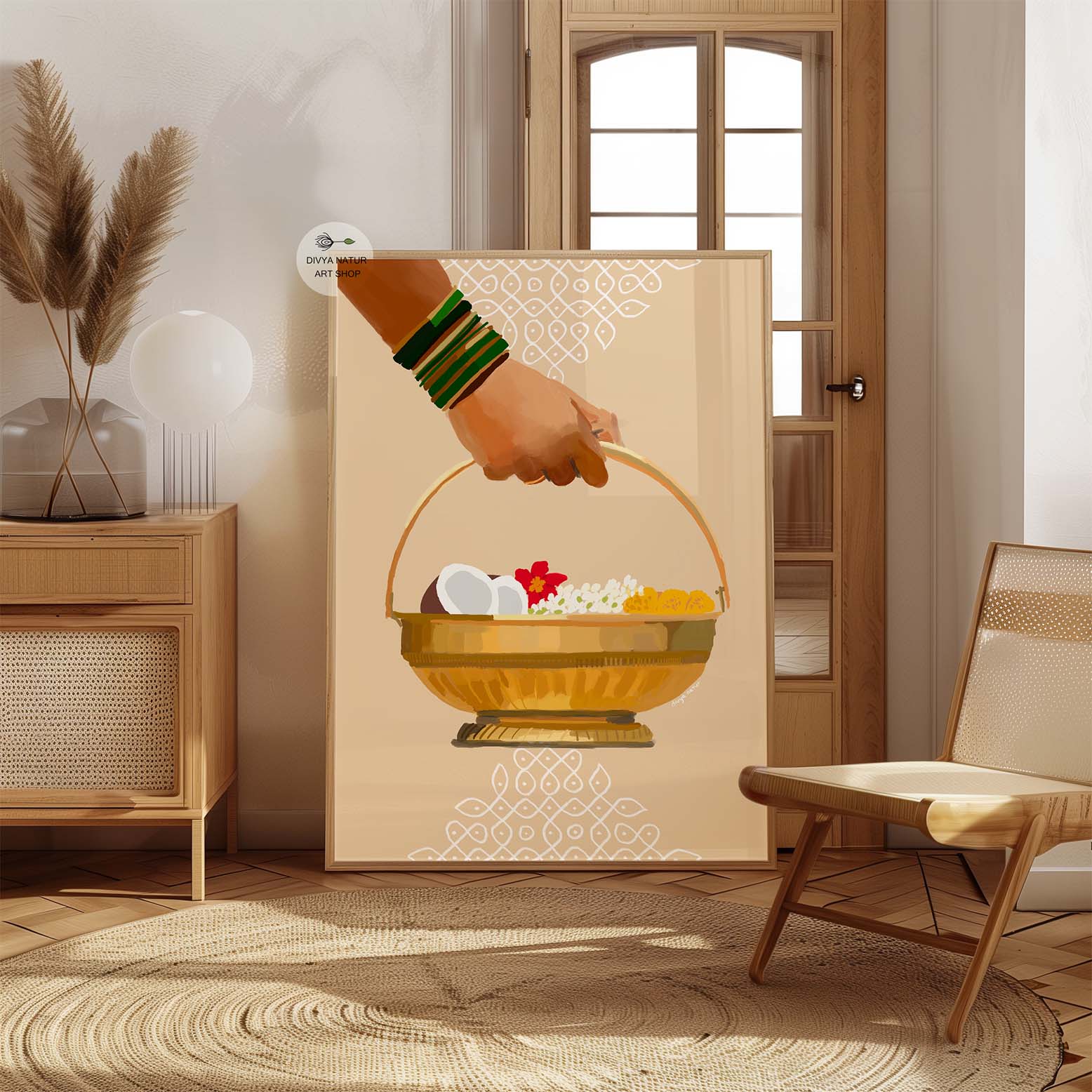 Ethnic puja basket artwork with bangles, coconut, and flowers for wall décor