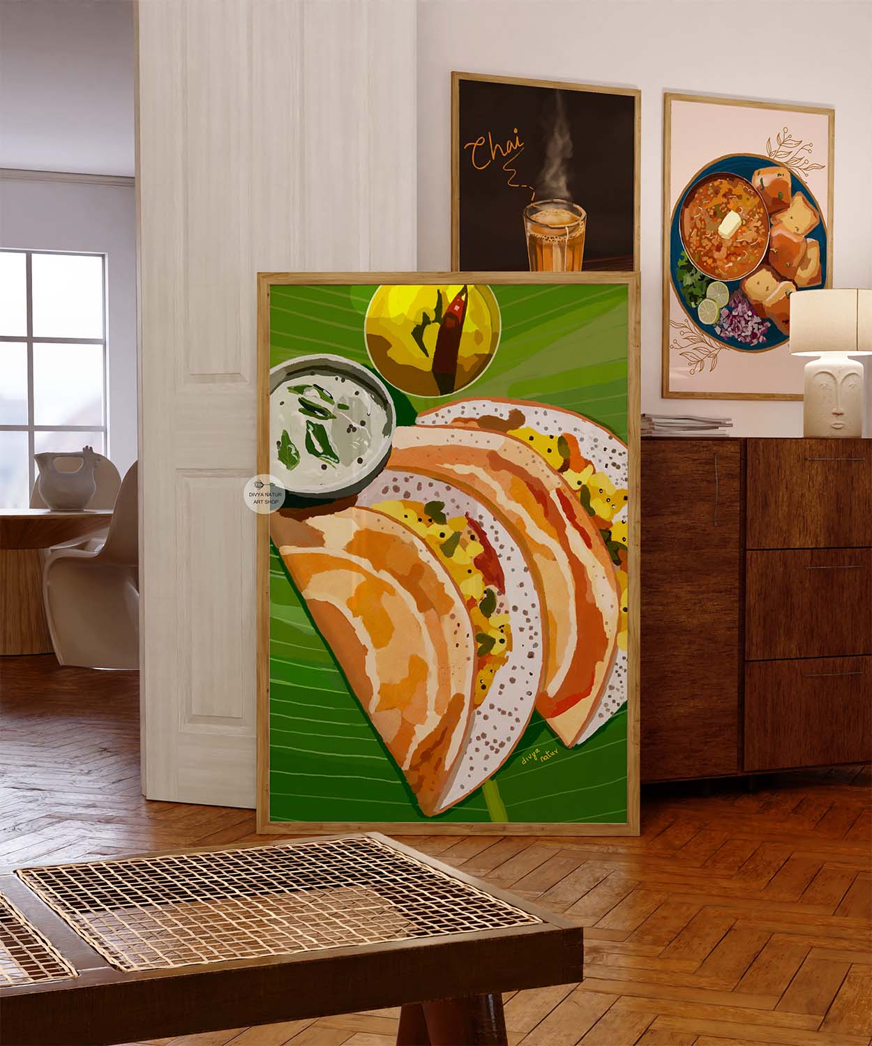 Banana leaf dosa art print with chutney and sambar in vibrant colors.