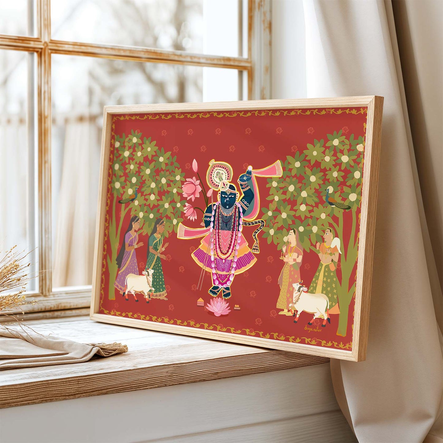 Krishna with Gopis digital artwork celebrating Indian mythology, love, and devotion in folk art style.