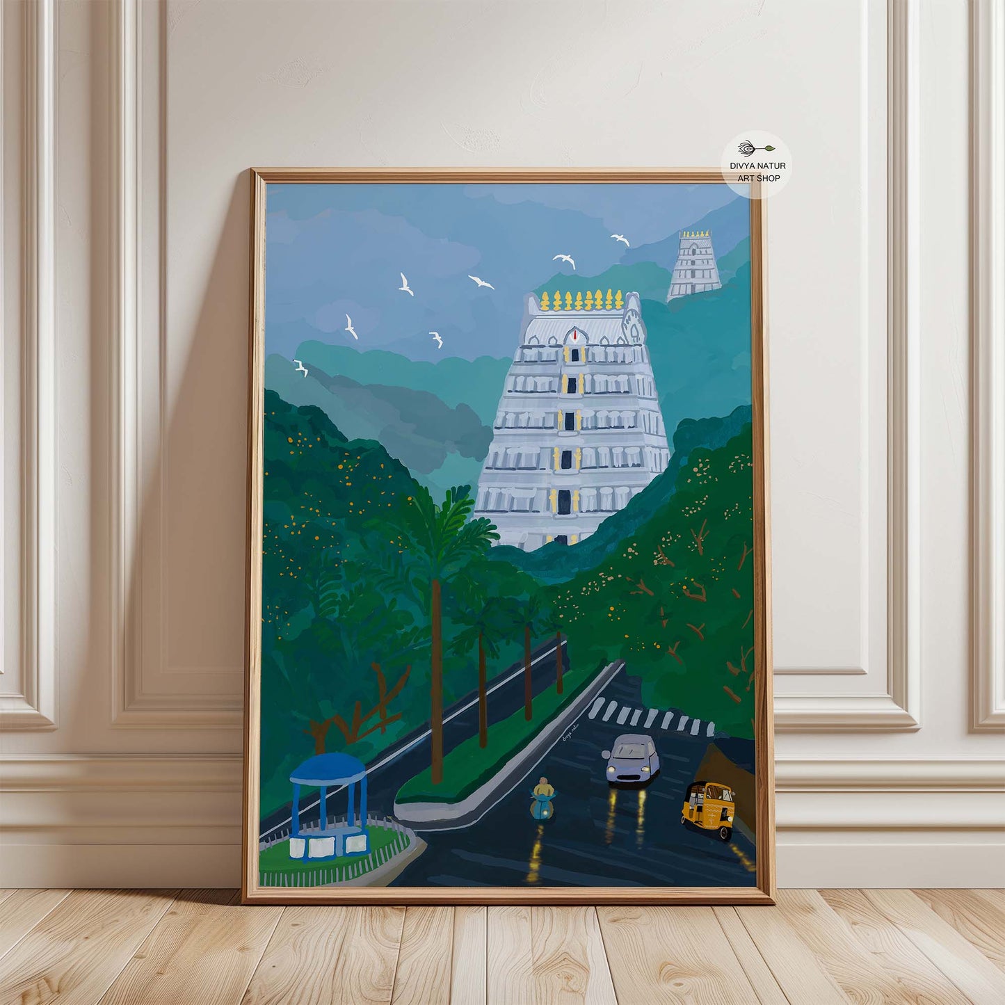 Fine art print of Tirumala temple gopuram with golden kalashas